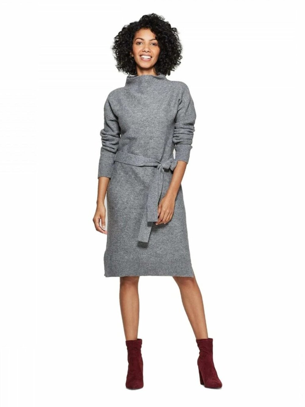 A New Day Heather Grey Mock Neck Sweater Dress Waist Tie XS Excellent Officewear